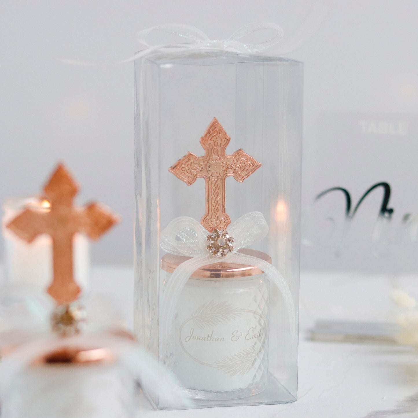 Personalized Baptism Candle Favors | Bulk First Communion Thank-You Gifts | Religious Rose Gold Cross Lid Candle Favors