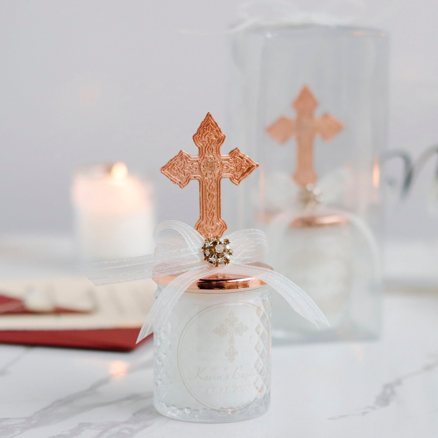 Personalized Baptism Candle Favors | Bulk First Communion Thank-You Gifts | Religious Rose Gold Cross Lid Candle Favors