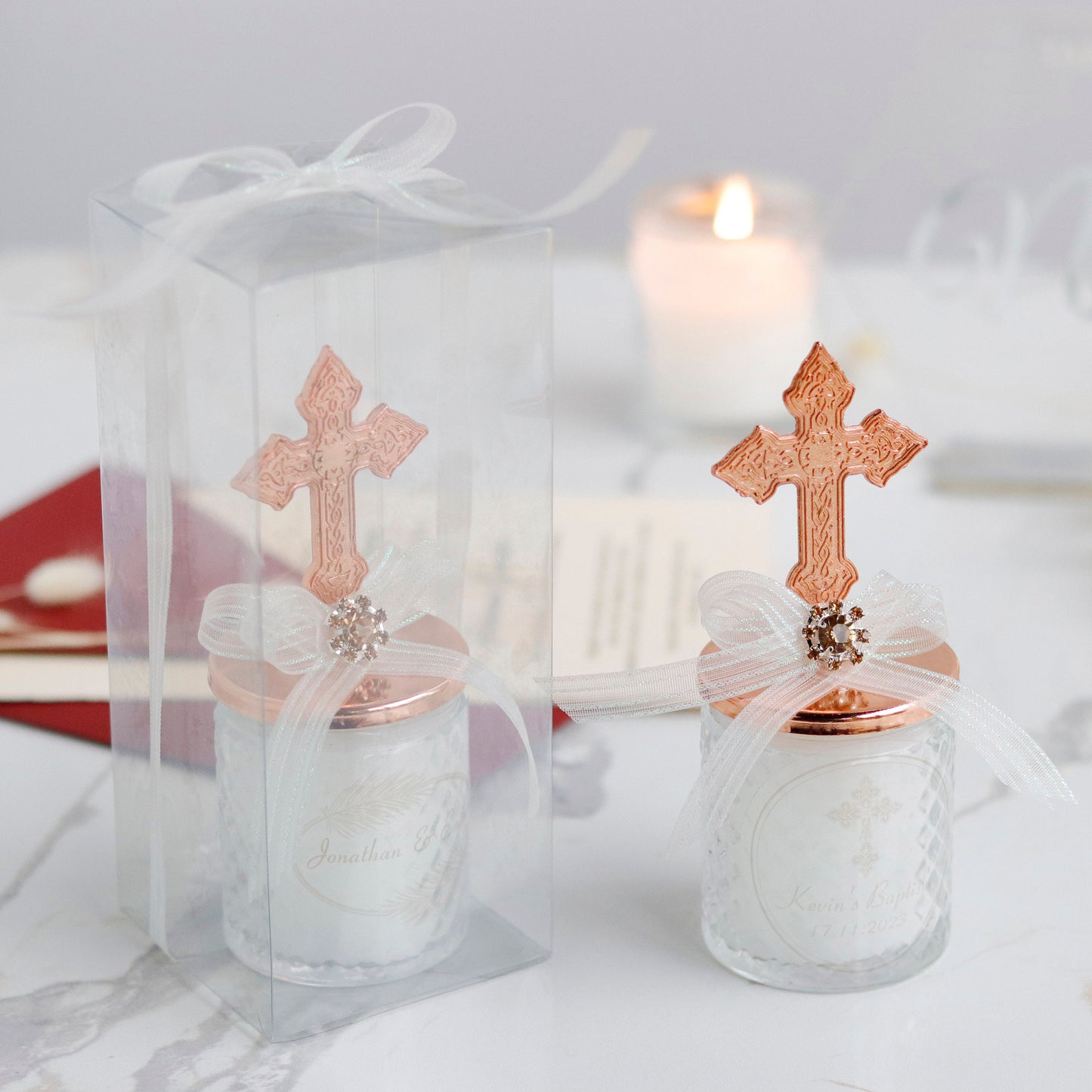 Personalized Baptism Candle Favors | Bulk First Communion Thank-You Gifts | Religious Rose Gold Cross Lid Candle Favors