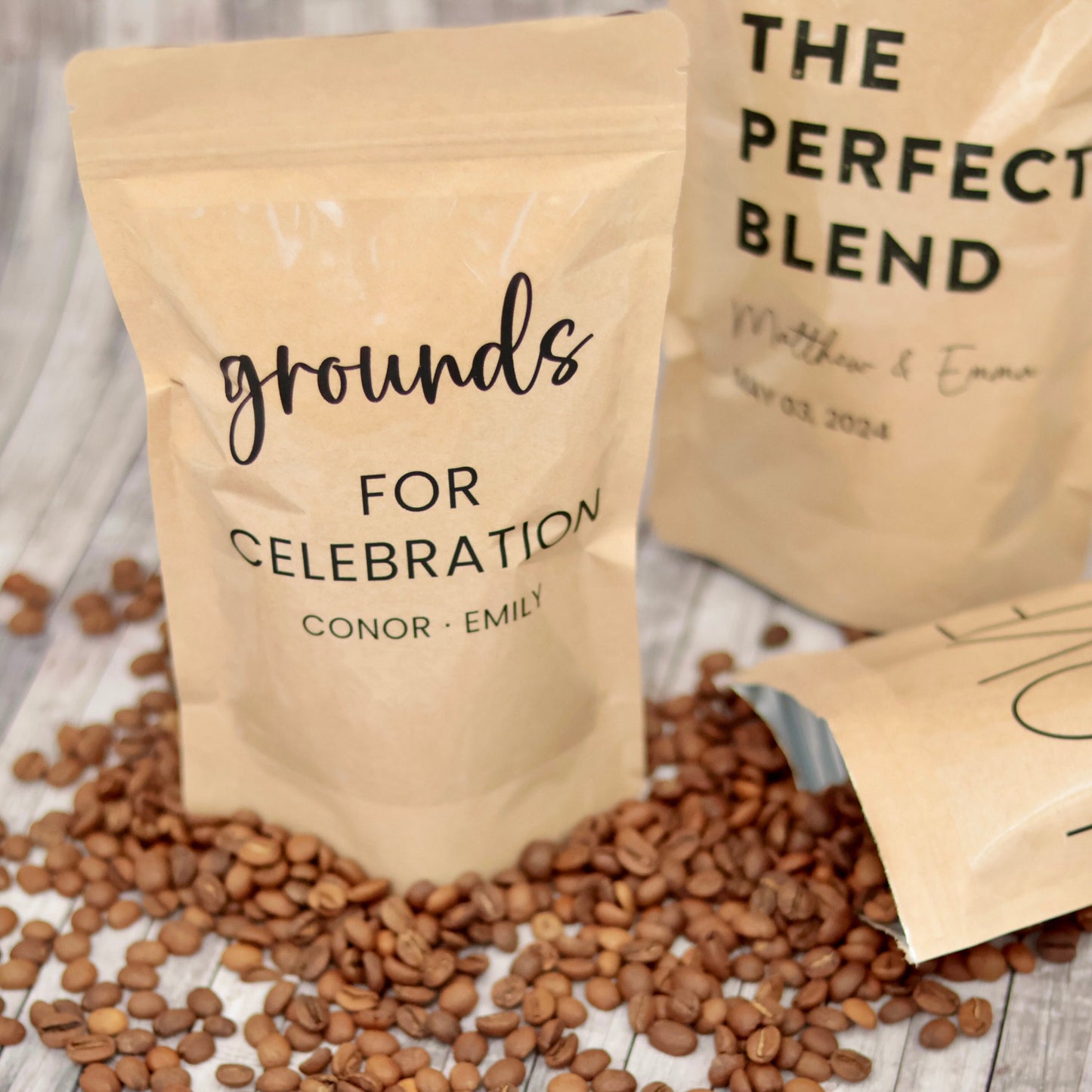 50 PCS Personalized Wedding Favors, XL Coffee Bags, Custom Coffee Pouches, The Perfect Blend, Grounds for Celebrations, Love is Brewing