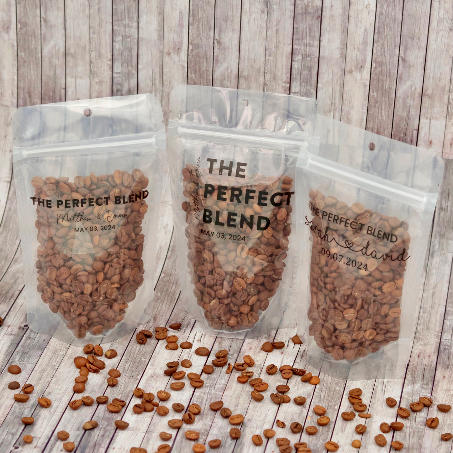 50 Personalized Coffee Pouch Wedding Favors | Perfect Blend Custom Favor Bags for Rehearsal Dinner & Bridal Shower | Wedding Favor Bags