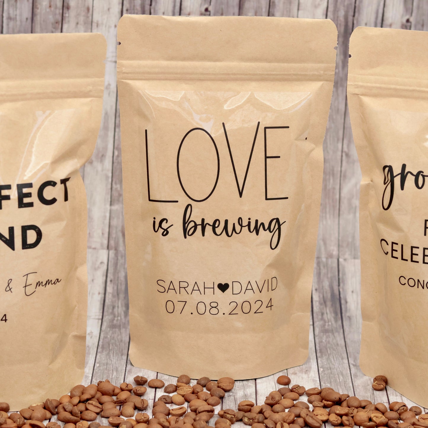 50 PCS Personalized Wedding Favors, XL Coffee Bags, Custom Coffee Pouches, The Perfect Blend, Grounds for Celebrations, Love is Brewing