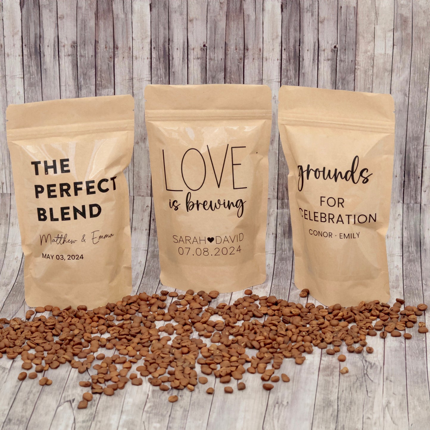 50 PCS Personalized Wedding Favors, XL Coffee Bags, Custom Coffee Pouches, The Perfect Blend, Grounds for Celebrations, Love is Brewing