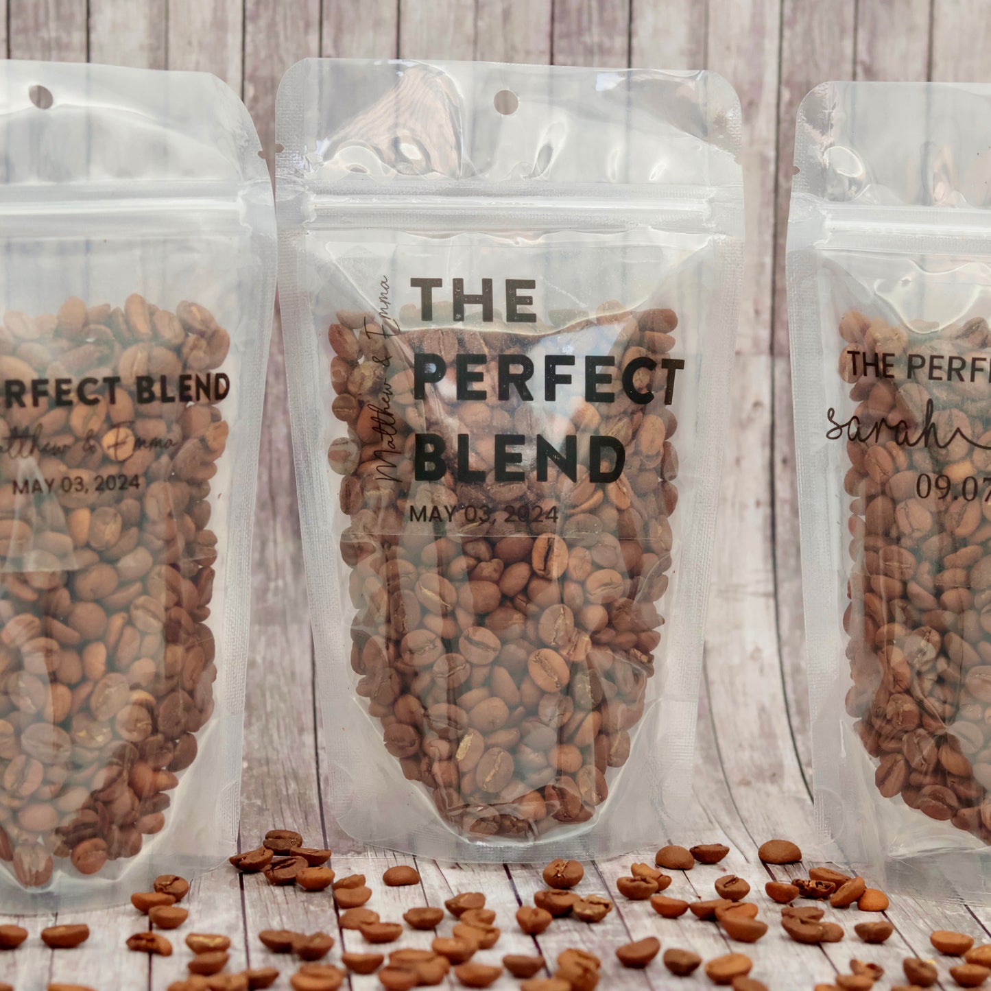 50 Personalized Coffee Pouch Wedding Favors | Perfect Blend Custom Favor Bags for Rehearsal Dinner & Bridal Shower | Wedding Favor Bags