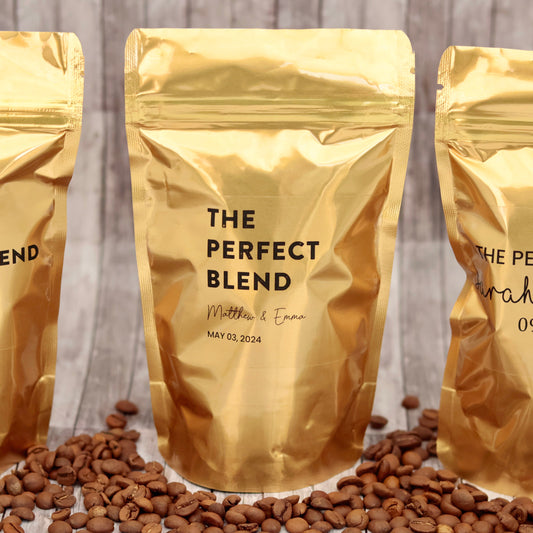 The Perfect Blend Coffee Wedding Favor Bags, Personalized Bridal Shower Favors, Coffee Favors in Bulk, Gold  Resealable Coffee Pouch Favors