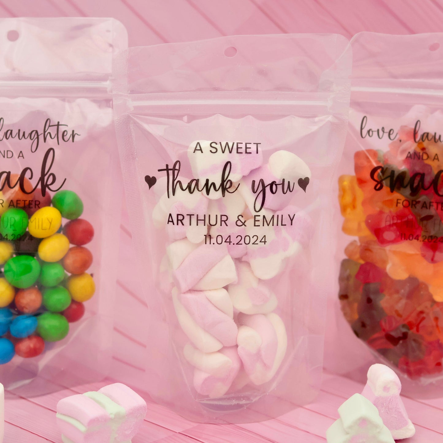 50 Pcs A Sweet Thank You Wedding Treat Bags, Chocolate Favor Bags, Marshmallow Wedding Favors, Jelly Tots Wedding Bags, Stand Up Zip Pouches