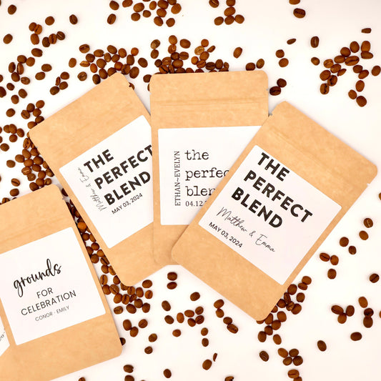 Wedding Favor Coffee Bags, Custom Wedding Favors, Rehearsal Dinner Gifts, Bridal Shower Favors, The Perfect Blend, Grounds for Celebration