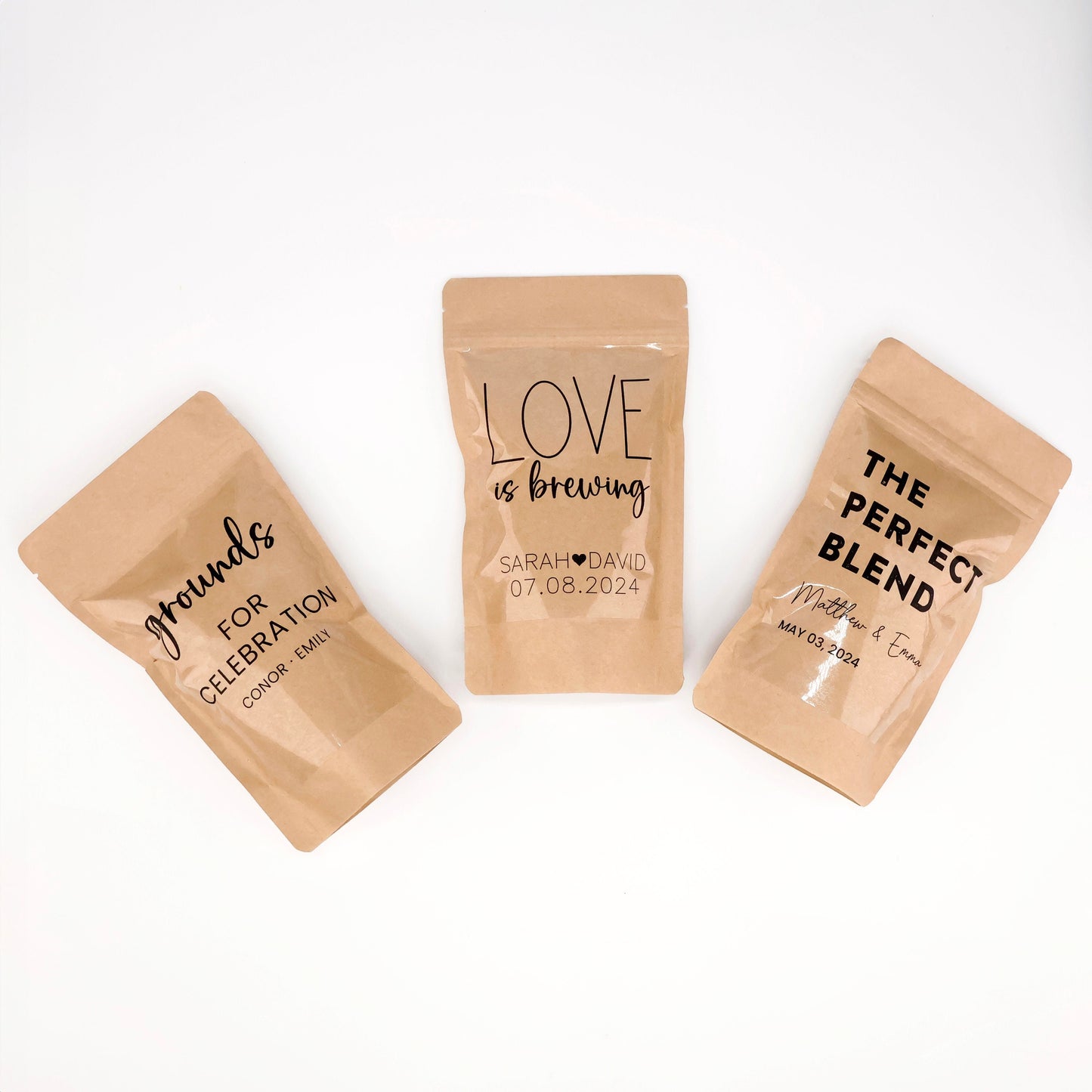 50 PCS Personalized Wedding Favors, XL Coffee Bags, Custom Coffee Pouches, The Perfect Blend, Grounds for Celebrations, Love is Brewing