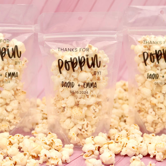 Wedding Treat Bags and Stickers, Thanks for Popping By, Ready To Pop,  Personalized Transparent Zip Pouches, ,Unique Favors, Popcorn Bags