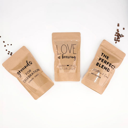 Wedding Favor Coffee Bags, Love is Brewing Coffee Pouches, Unique Wedding Favors for Guests in Bulk, The Perfect Blend Stand Up Favor Bags