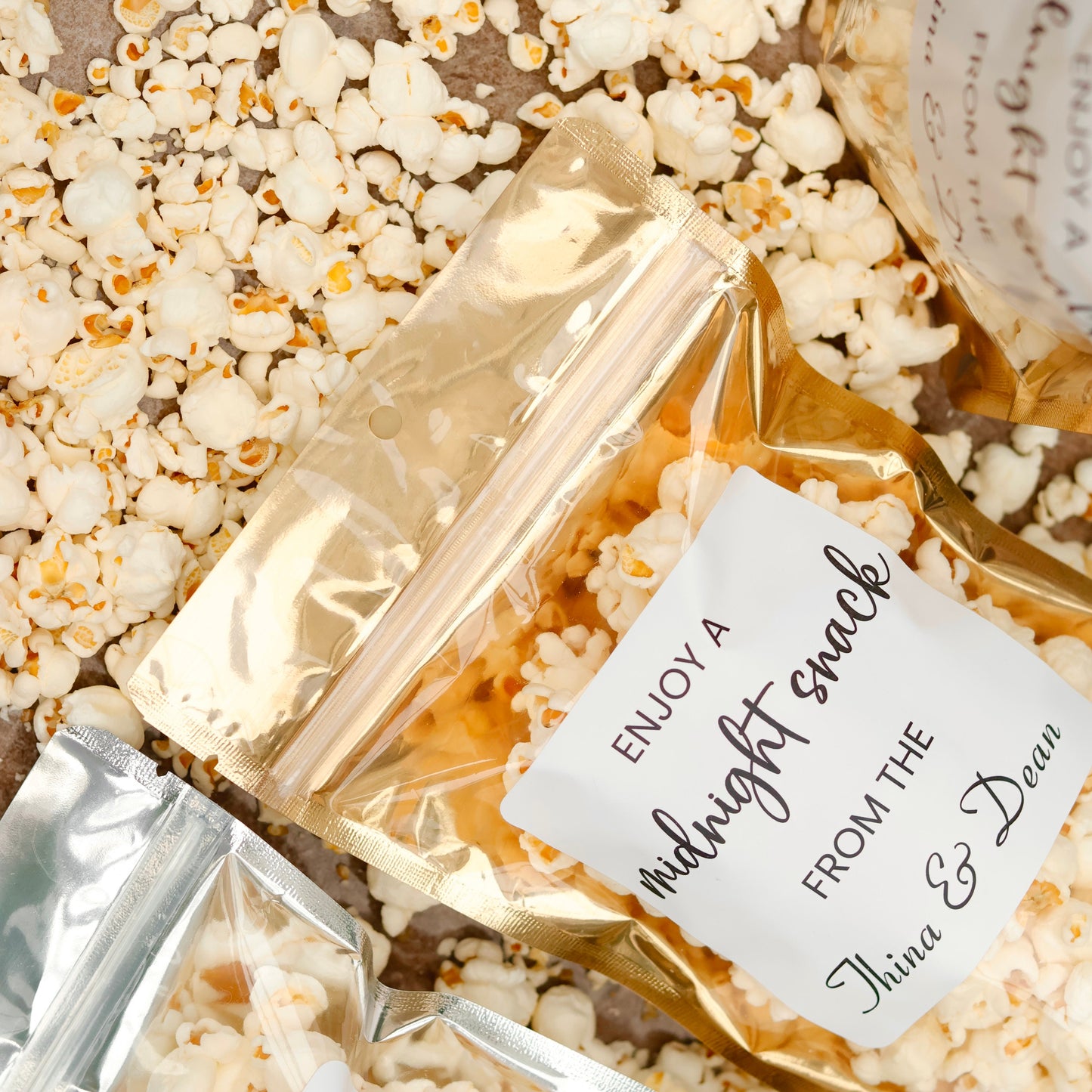 50 PCS Wedding Favor Bags, Enjoy a Midnight Snack, Wedding Treat Bags, Popcorn Favor Zip Bags, Bridal Shower Favors, Rehearsal Dinner Favors