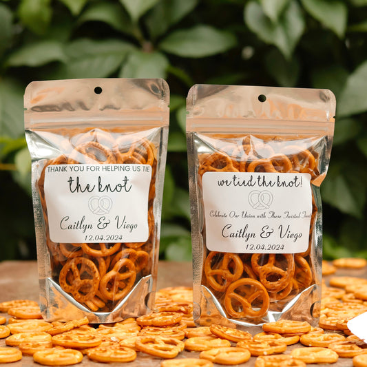 50 Pieces Pretzel Favor Bags, We Tied the Knot Wedding Favor Bags, Wedding Treat Bags, Standing Zip Pouches, Rehearsal Dinner Favors