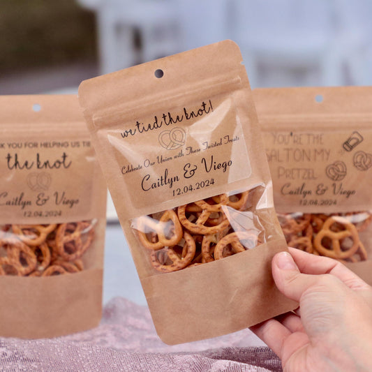 50 Pieces Wedding Favor Bags, Rehearsal Dinner Favors, We Tied the Knot Pretzel Bags, Wedding Treat Bags, Standing Snack Pouches